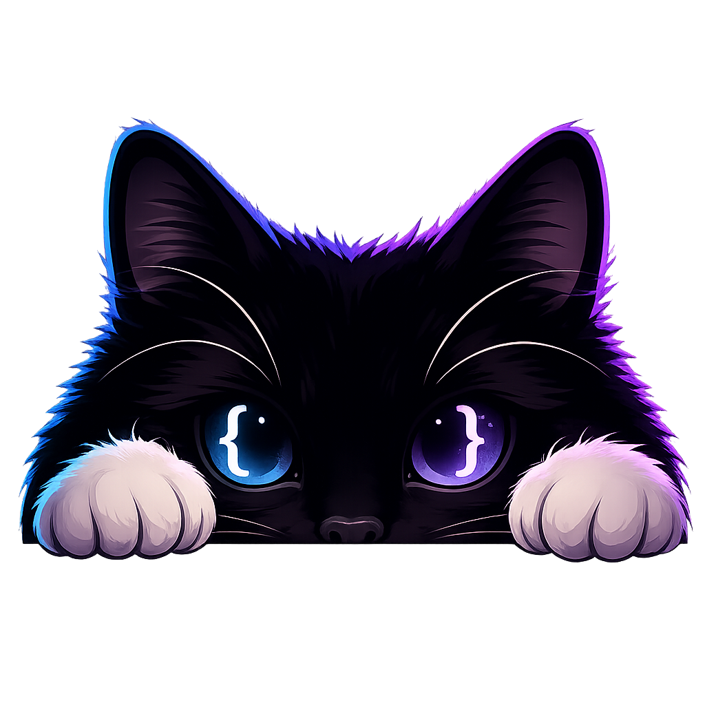 Botitas Lab — the studio mascot, a black cat with code-brace eyes
